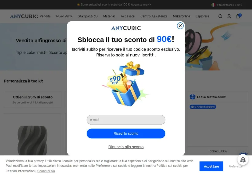 Schermata della pagina offerta di Anycubic