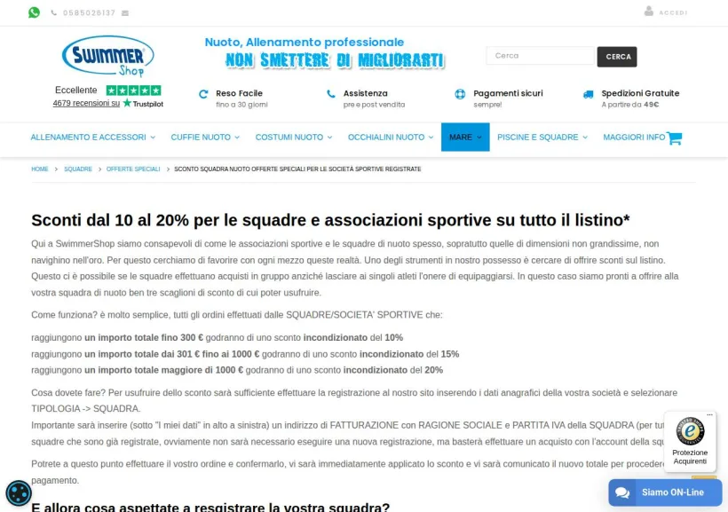 Schermata della pagina offerta di Swimmershop