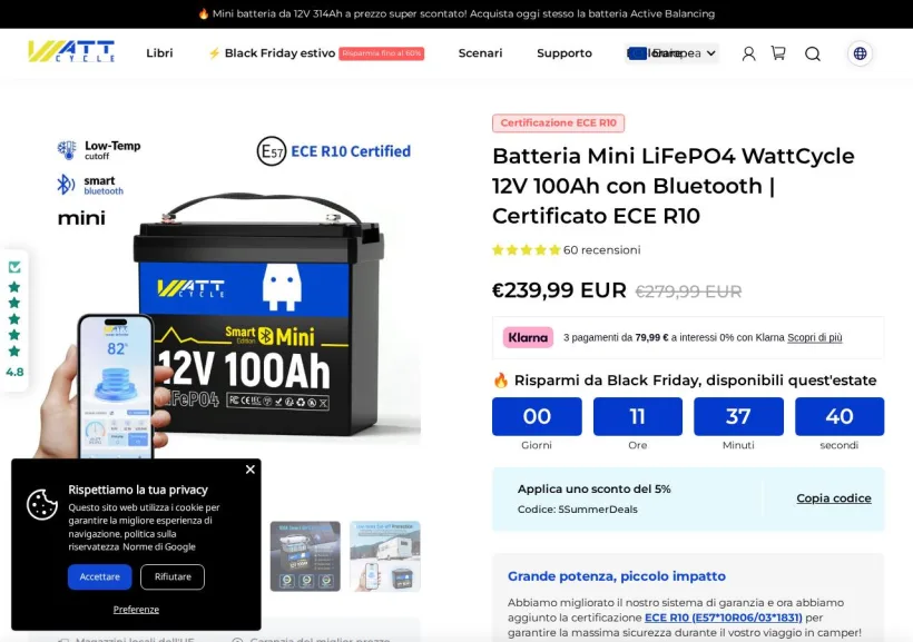 Schermata della pagina offerta di Wattcycle