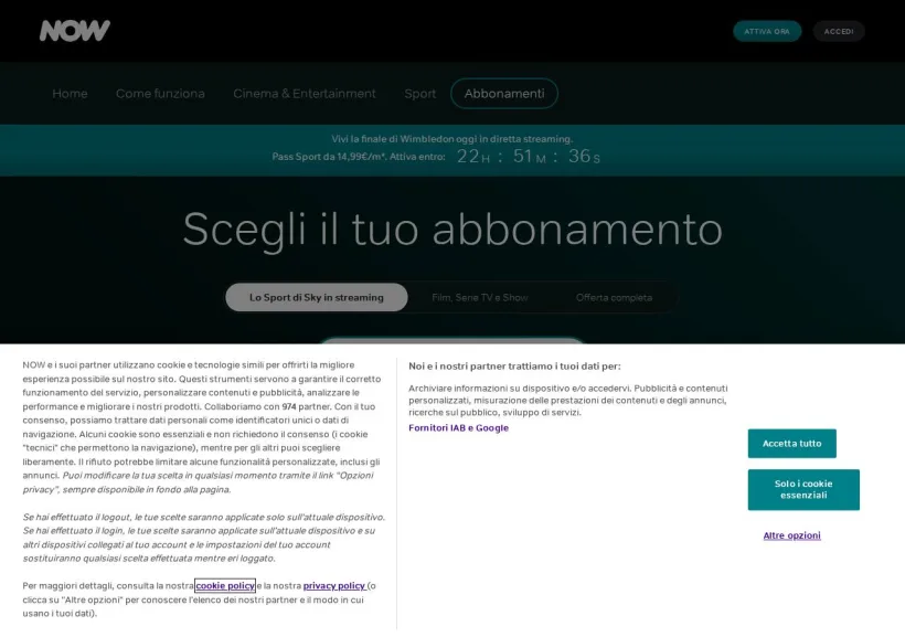 Schermata della pagina offerta di Now TV