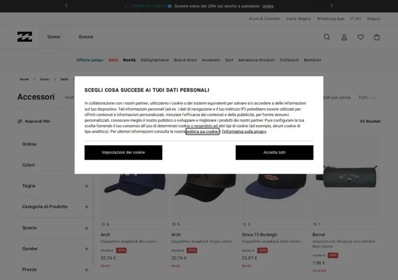 Schermata della pagina offerta di Billabong