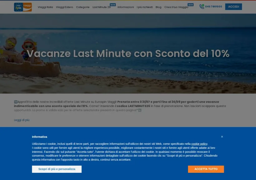 Schermata della pagina offerta di Eurospin Viaggi