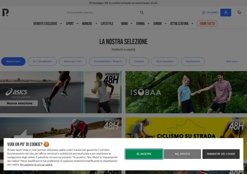 Schermata della pagina offerta di Private Sport Shop