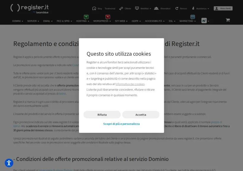 Schermata della pagina offerta di Register