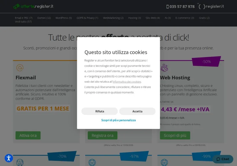 Schermata della pagina offerta di Register