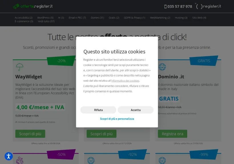 Schermata della pagina offerta di Register