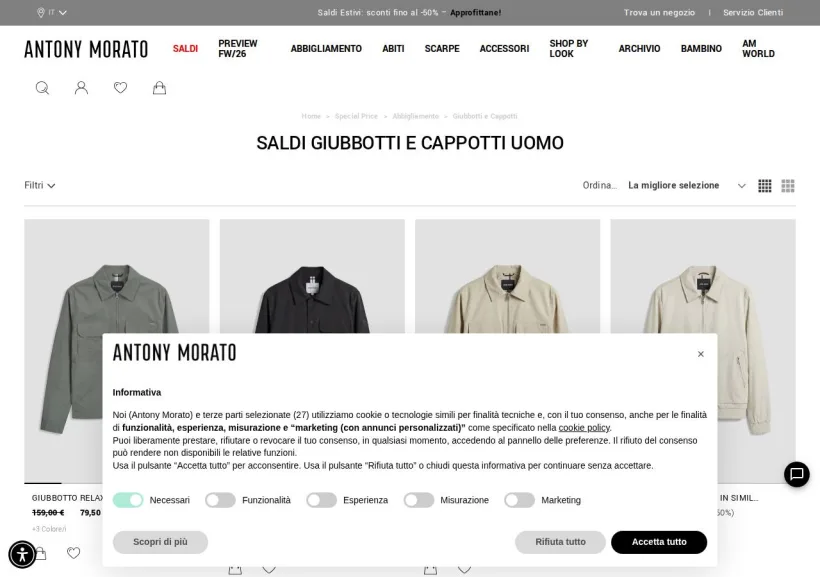Schermata della pagina offerta di Antony Morato