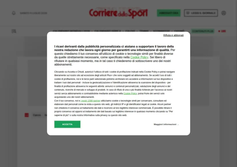 Schermata della pagina offerta di Corriere dello Sport
