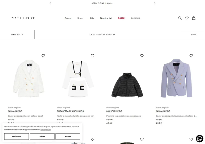 Schermata della pagina offerta di PRELUDIOMODA