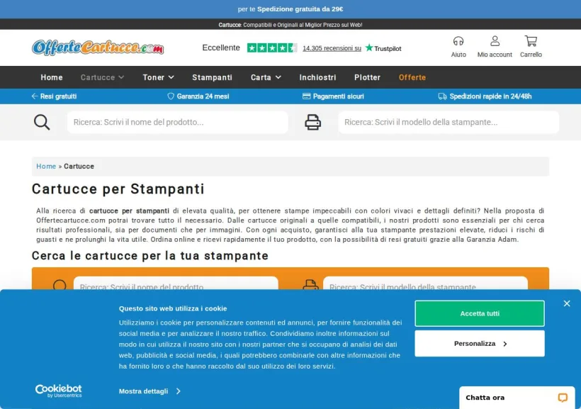 Schermata della pagina offerta di OfferteCartucce