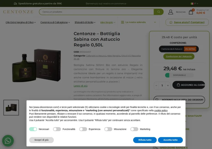 Schermata della pagina offerta di Olio Centonze