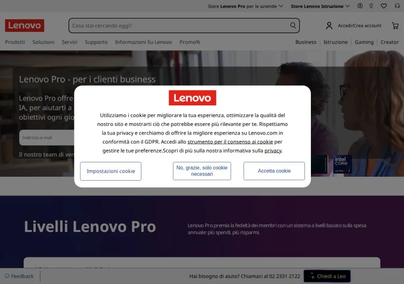 Schermata della pagina offerta di Lenovo
