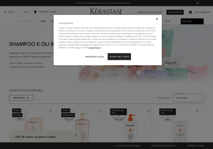 Schermata della pagina offerta di Kérastase