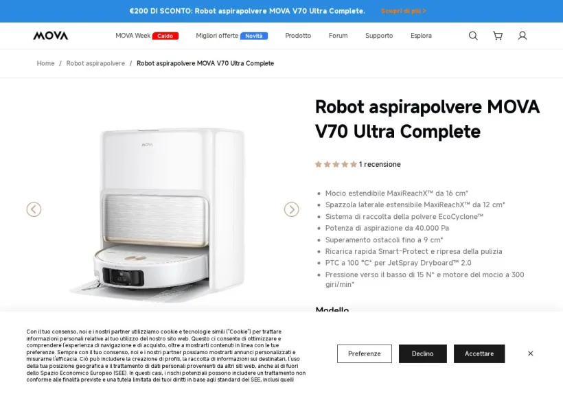 Schermata della pagina offerta di Mova