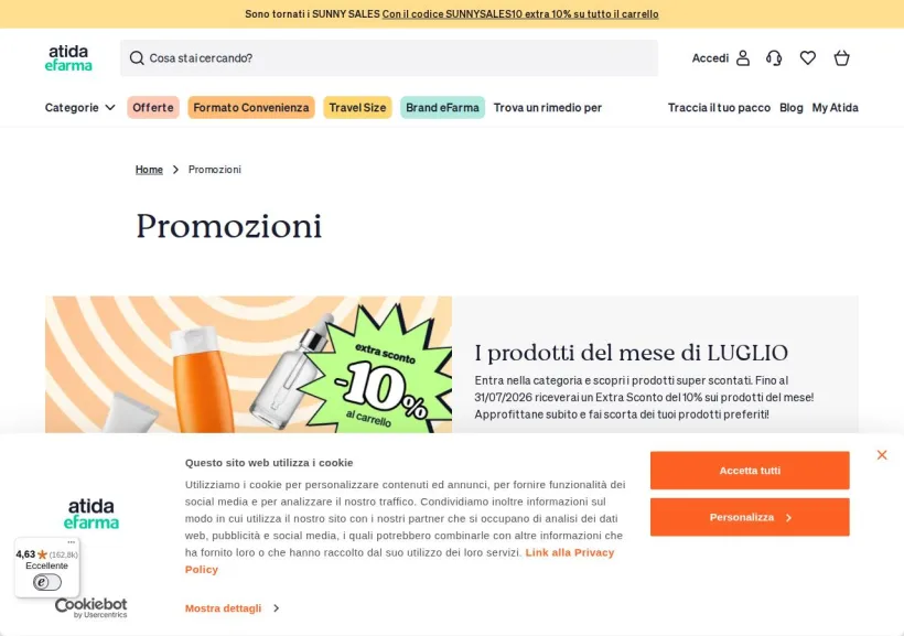 Schermata della pagina offerta di eFarma