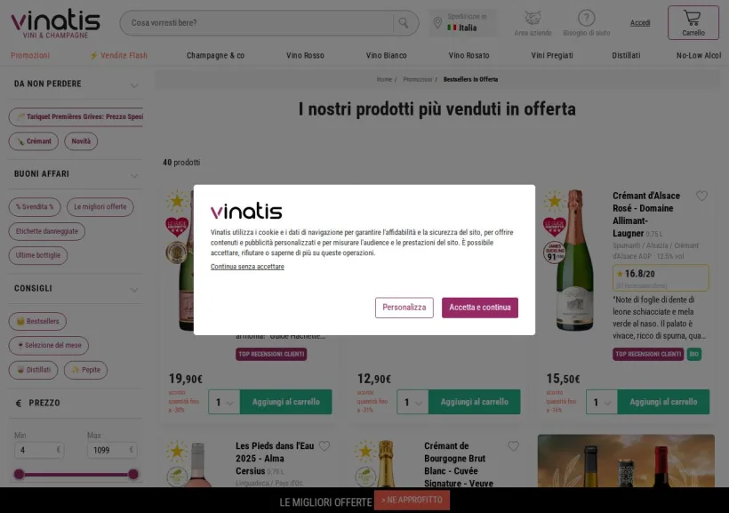 Schermata della pagina offerta di Vinatis