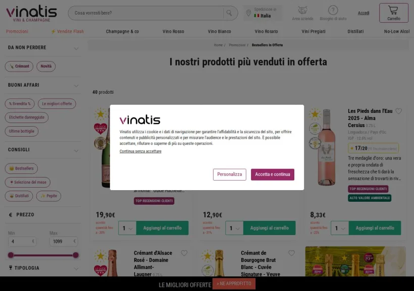 Schermata della pagina offerta di Vinatis