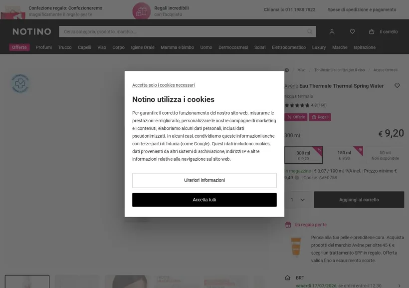 Schermata della pagina offerta di Notino
