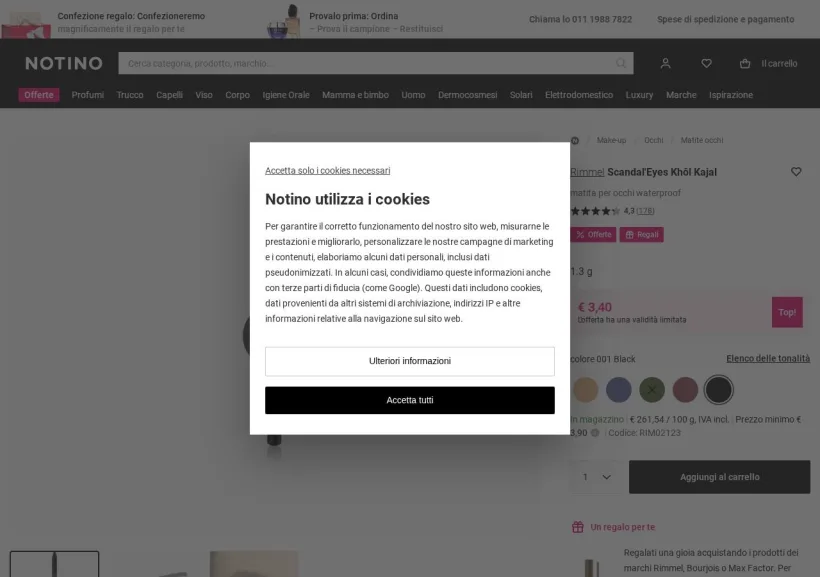 Schermata della pagina offerta di Notino