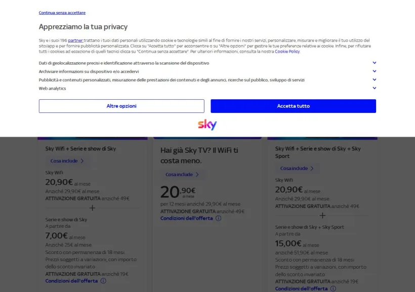 Schermata della pagina offerta di Sky Wifi