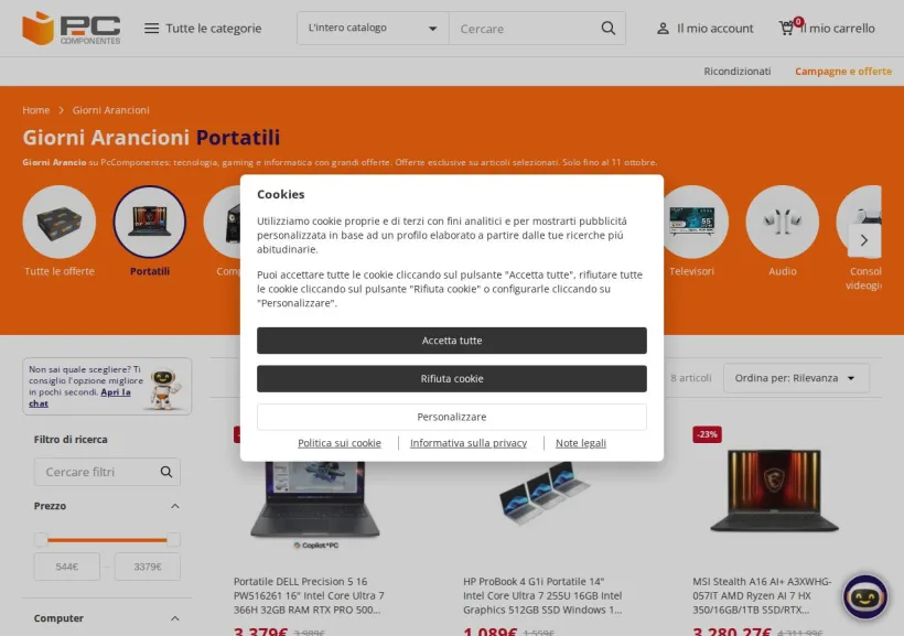 Schermata della pagina offerta di Pc Componentes