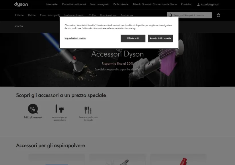 Schermata della pagina offerta di Dyson