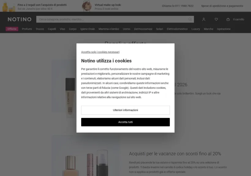 Schermata della pagina offerta di Notino