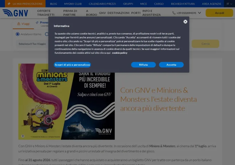 Schermata della pagina offerta di Grandi Navi Veloci