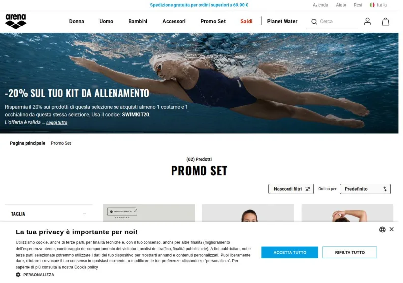 Schermata della pagina offerta di Arena Sport