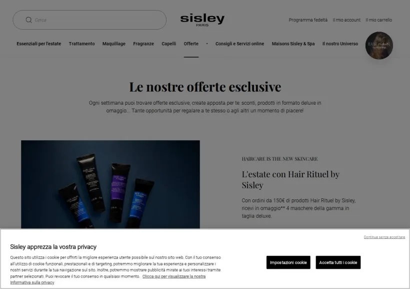 Schermata della pagina offerta di Sisley Paris