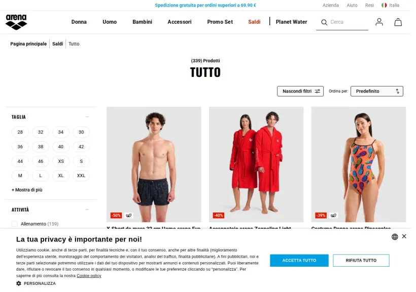 Schermata della pagina offerta di Arena Sport