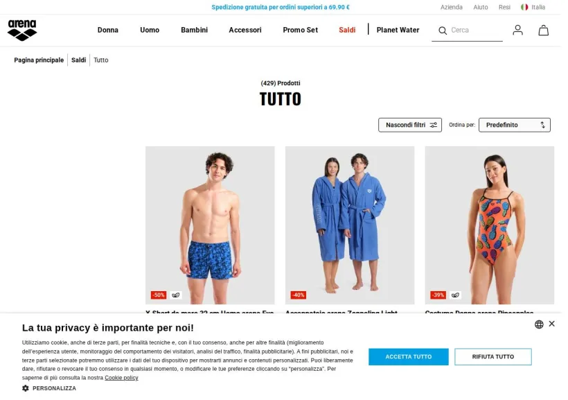 Schermata della pagina offerta di Arena Sport