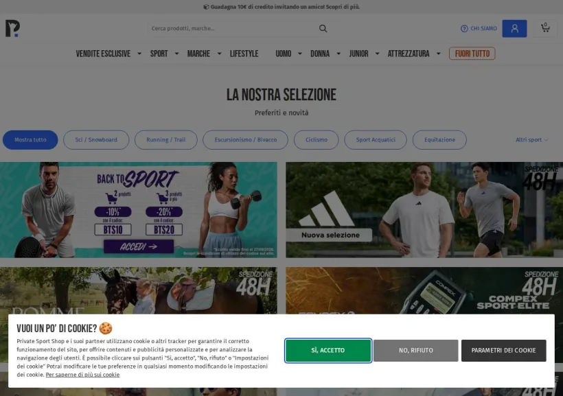 Schermata della pagina offerta di Private Sport Shop