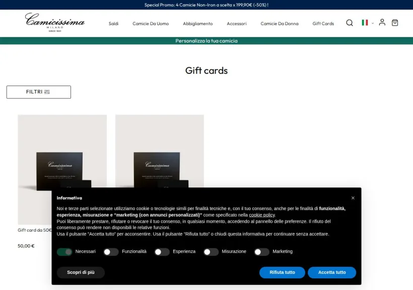 Schermata della pagina offerta di Camicissima