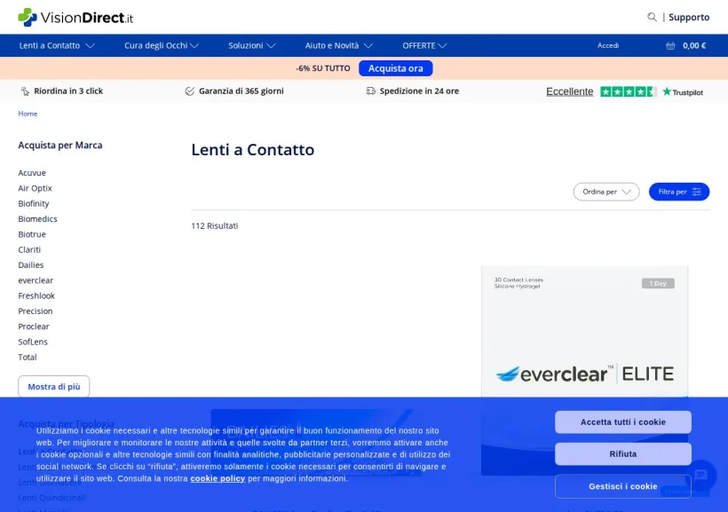 Schermata della pagina offerta di Vision Direct