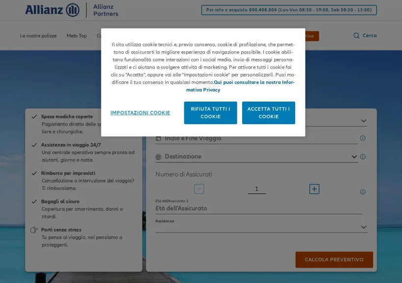 Schermata della pagina offerta di Allianz Global Assistance
