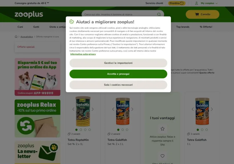 Schermata della pagina offerta di Zooplus