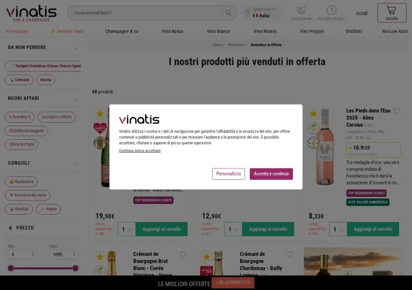 Schermata della pagina offerta di Vinatis