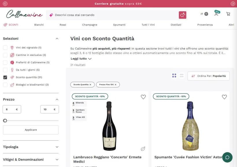 Schermata della pagina offerta di Callmewine