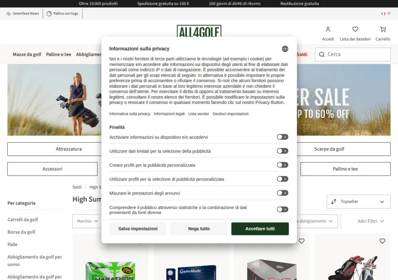 Schermata della pagina offerta di All4Golf