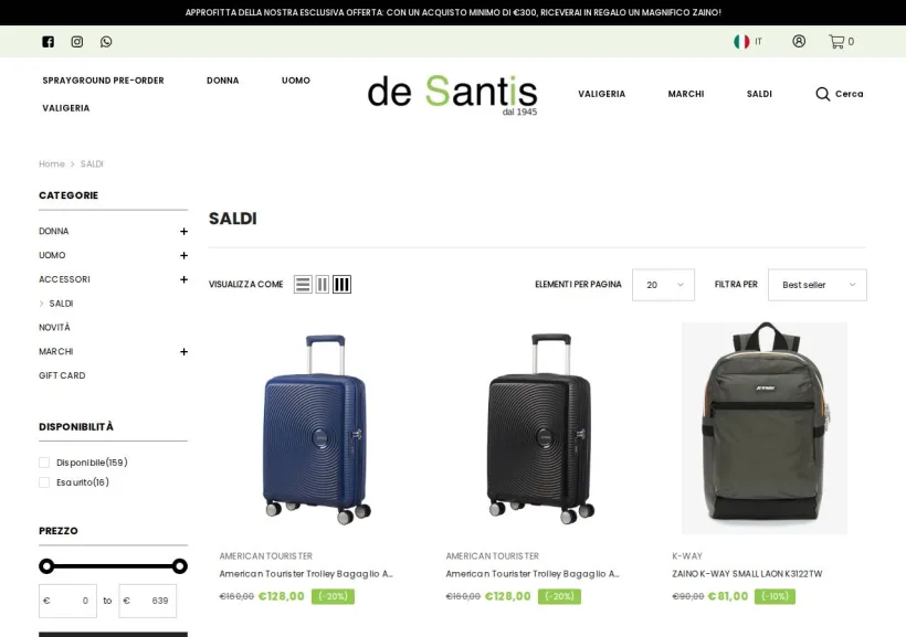 Schermata della pagina offerta di De Santis