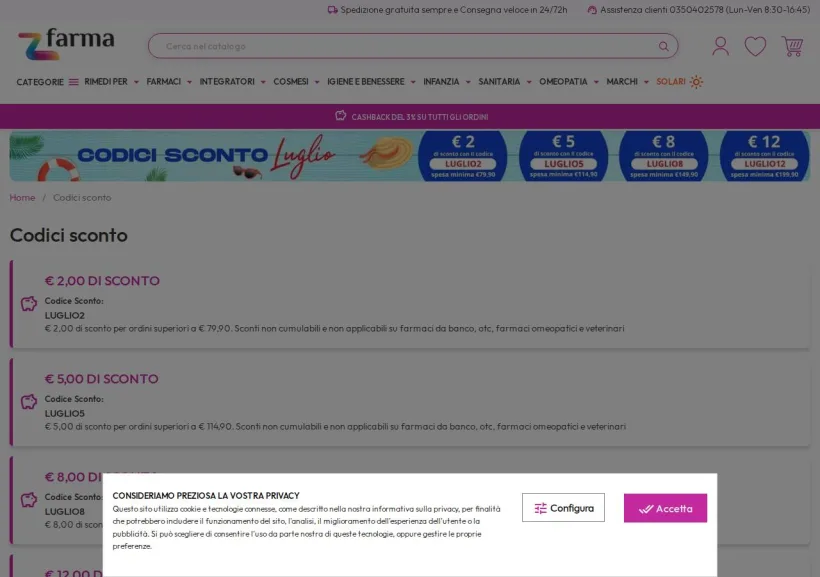 Schermata della pagina offerta di ZFARMA