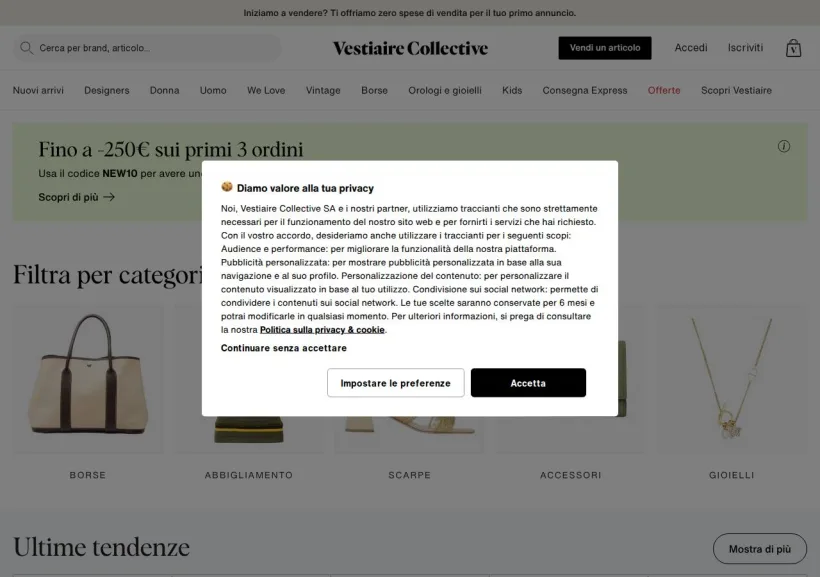 Schermata della pagina offerta di Vestiaire Collective
