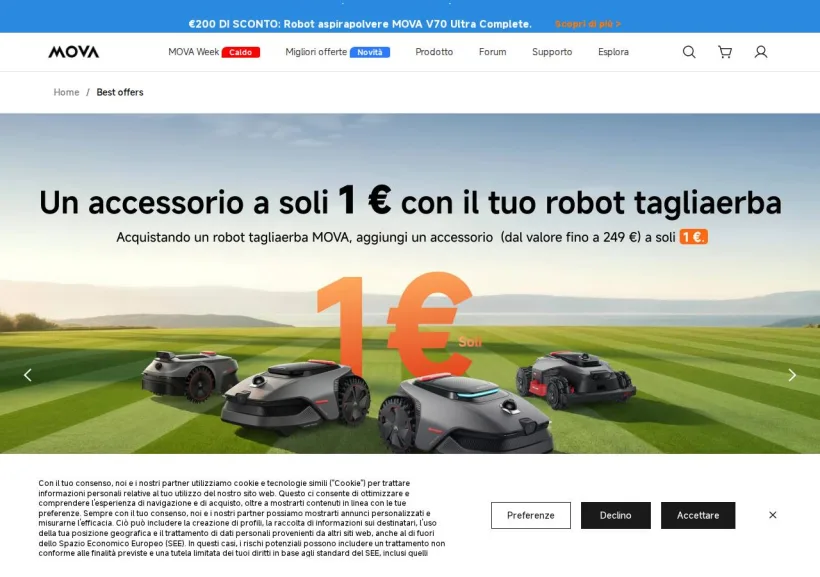 Schermata della pagina offerta di Mova