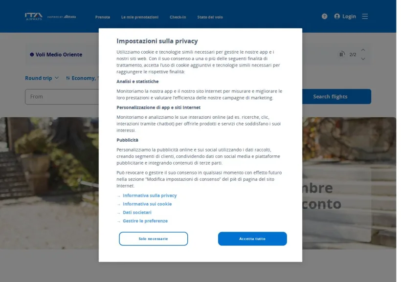Schermata della pagina offerta di ITA Airways
