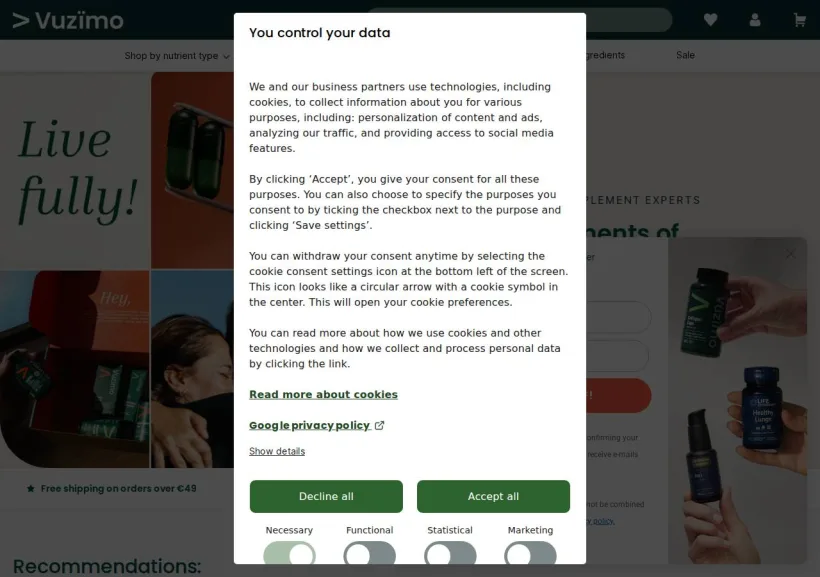 Schermata della pagina offerta di Vitalized