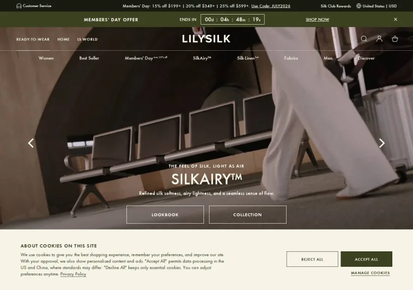 Schermata della pagina offerta di LILYSILK