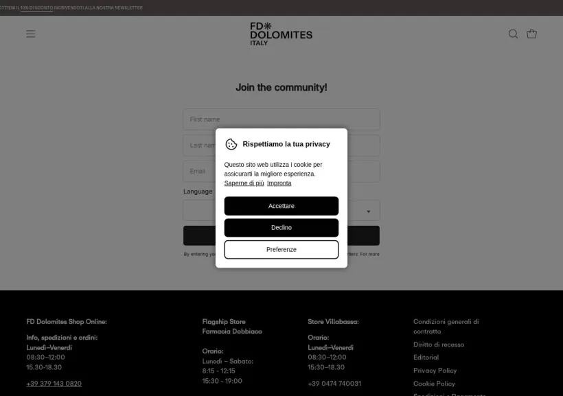 Schermata della pagina offerta di FD Dolomites