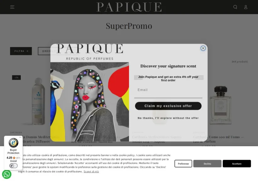 Schermata della pagina offerta di Papique