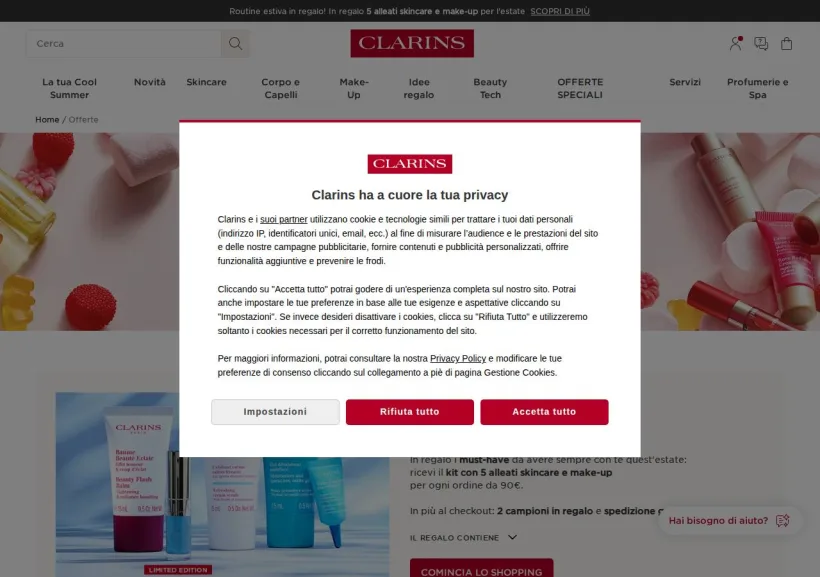 Schermata della pagina offerta di Clarins